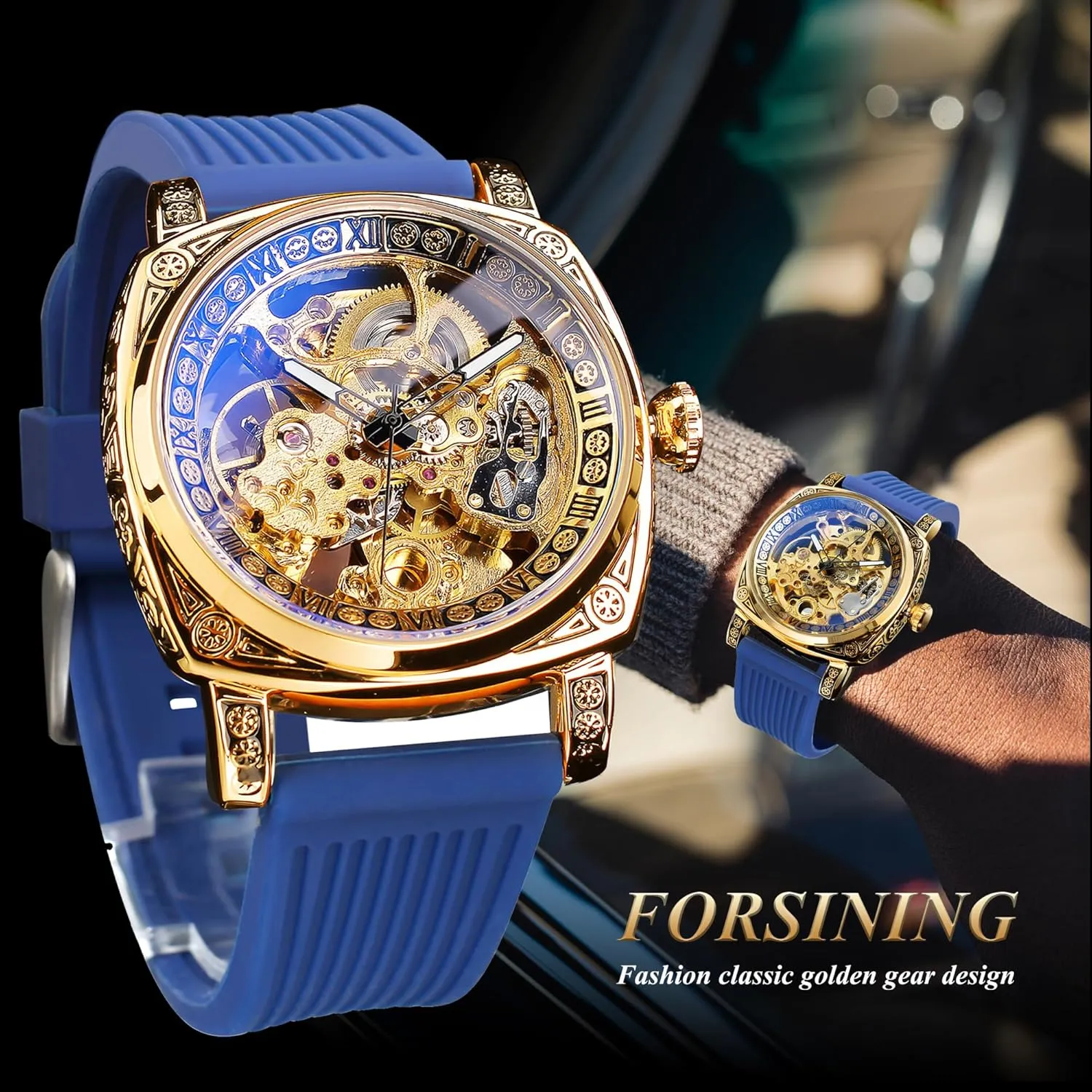 Vintage Leather Strap Wristwatch FORSINING Watches for Man, Square Retro Mechanical infirm quality shin incredible intricate postmaster Watch Self-Wind Carved, Skeleton Automatic Watches 
