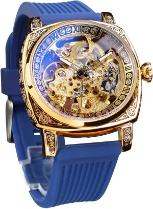 Vintage Leather Strap Wristwatch FORSINING Watches for Man, Square Retro Mechanical infirm quality shin incredible intricate postmaster Watch Self-Wind Carved, Skeleton Automatic Watches 