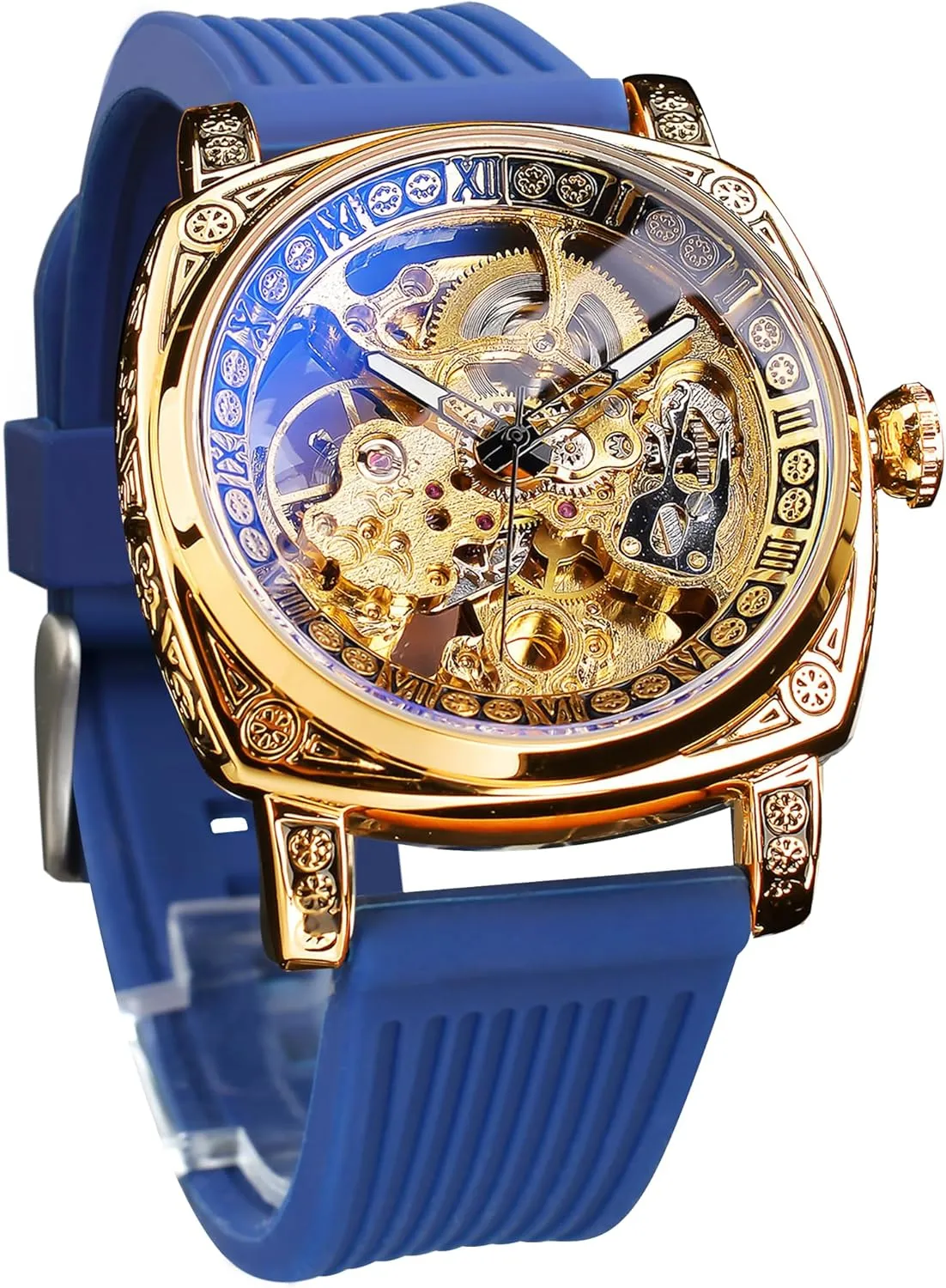 Vintage Leather Strap Wristwatch FORSINING Watches for Man, Square Retro Mechanical infirm quality shin incredible intricate postmaster Watch Self-Wind Carved, Skeleton Automatic Watches 