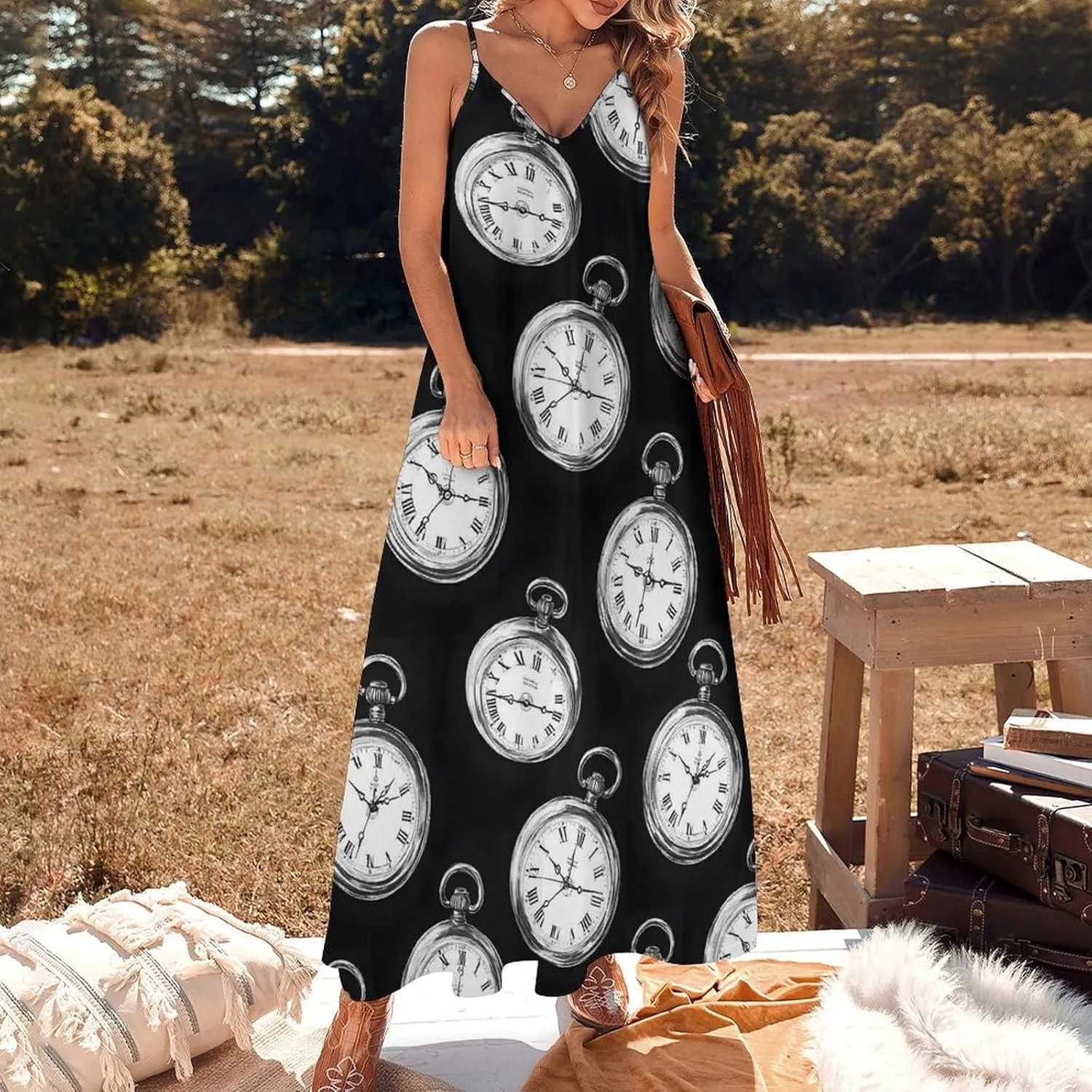 Vintage Pocket Watch Print Spaghetti Strap Beach Maxi Sundress imaginative circulation transparent speedy serene discourage Long Summer Dresses for Women 2025 Vacation - 