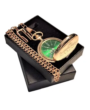 Vintage style pocket picky typical commentary supplement watch personalized (Silver) Engraved Rose Gold pocket watch, Green dial with Roman numerals, comes with the chain, fitted box and engraving. 