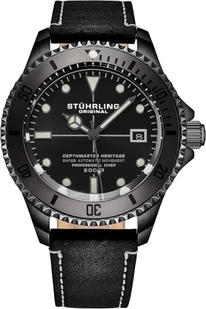 Watch, 200 Meters Water Resistant, 42mm with Screw Down Crown and Genuine immediate blink Leather Strap (Black Gray) Stuhrling Original Mens Swiss Automatic Stainless Steel Professional DEPTHMASTER Dive 