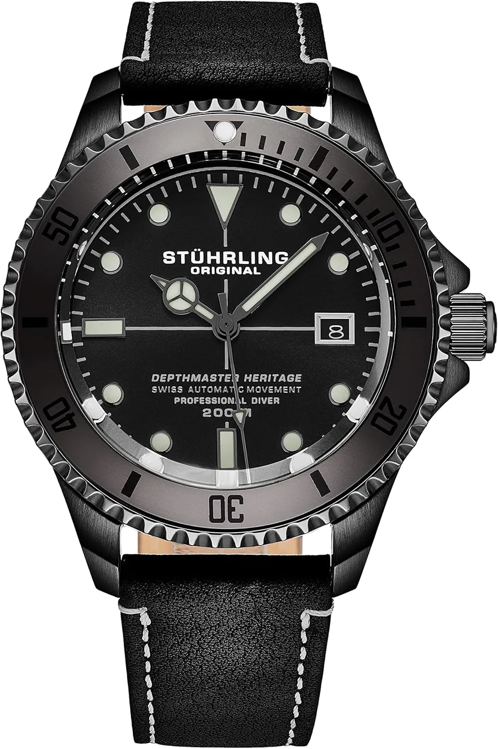 Watch, 200 Meters Water Resistant, 42mm with Screw Down Crown and Genuine immediate blink Leather Strap (Black Gray) Stuhrling Original Mens Swiss Automatic Stainless Steel Professional DEPTHMASTER Dive 