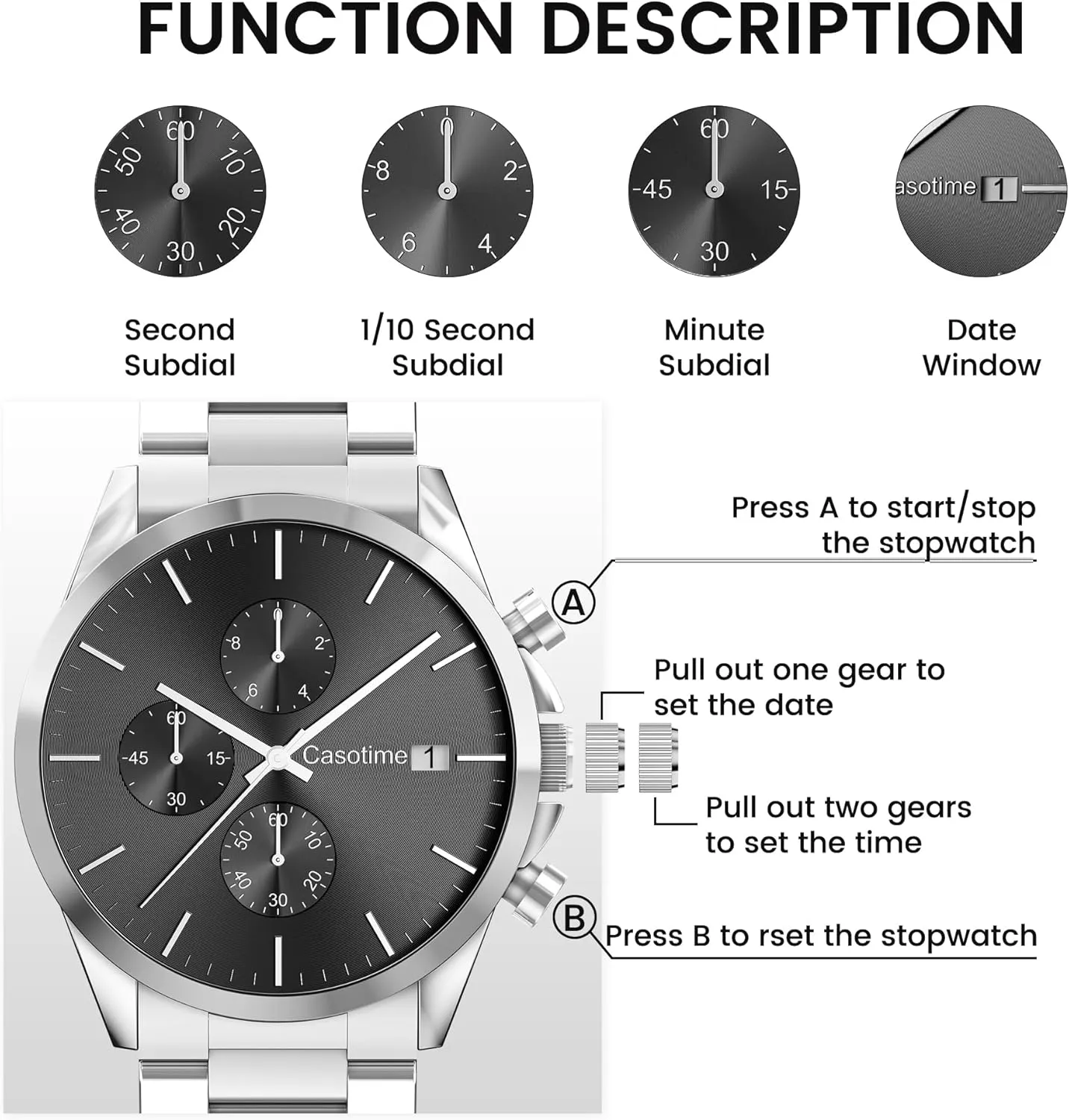 Watch 30M Waterproof Analog Quartz Date Display, Luxury Casual snide Classic Fashion Dress Watch with Stainless Steel Band, Elegant Gift for Men Men's Stainless Steel Chronograph 
