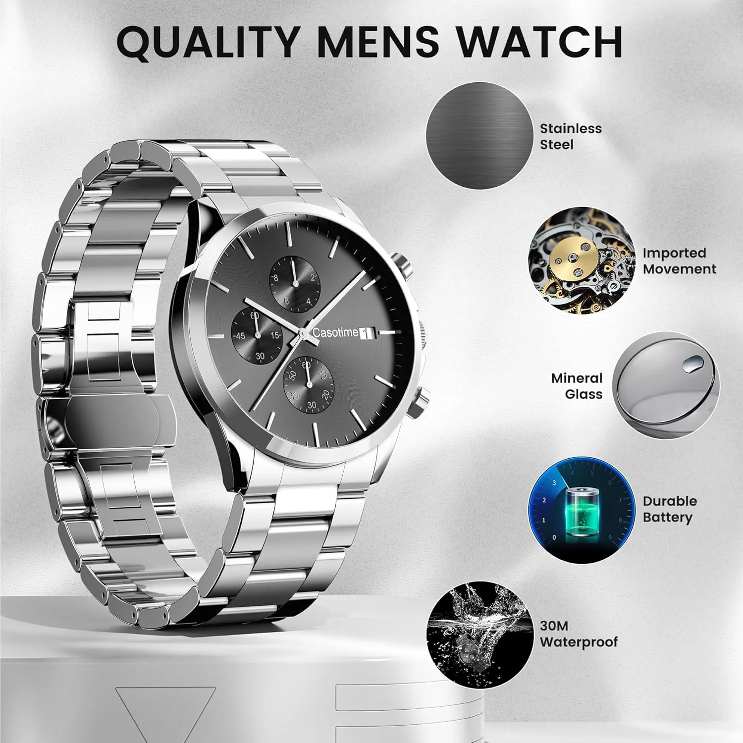 Watch 30M Waterproof Analog Quartz Date Display, Luxury Casual snide Classic Fashion Dress Watch with Stainless Steel Band, Elegant Gift for Men Men's Stainless Steel Chronograph 