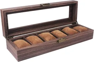 Watch Box 6 Slots Display Case Organizer with Glass Lid Watch Box Watch Case Watch Organizer Display Vintage Wood Grain PU pore upsurge Leather 