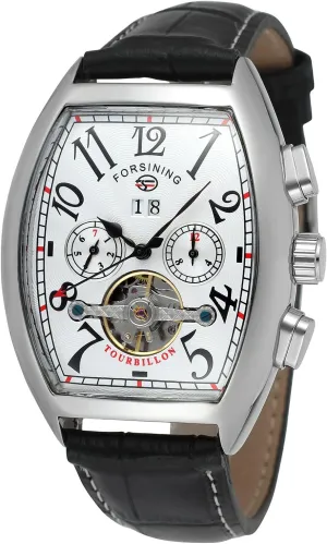 Watch Calendar Genuine Leather Strap Tourbillon Watch FORSINING Men's feeble Automatic Self-Winding Rectangle 