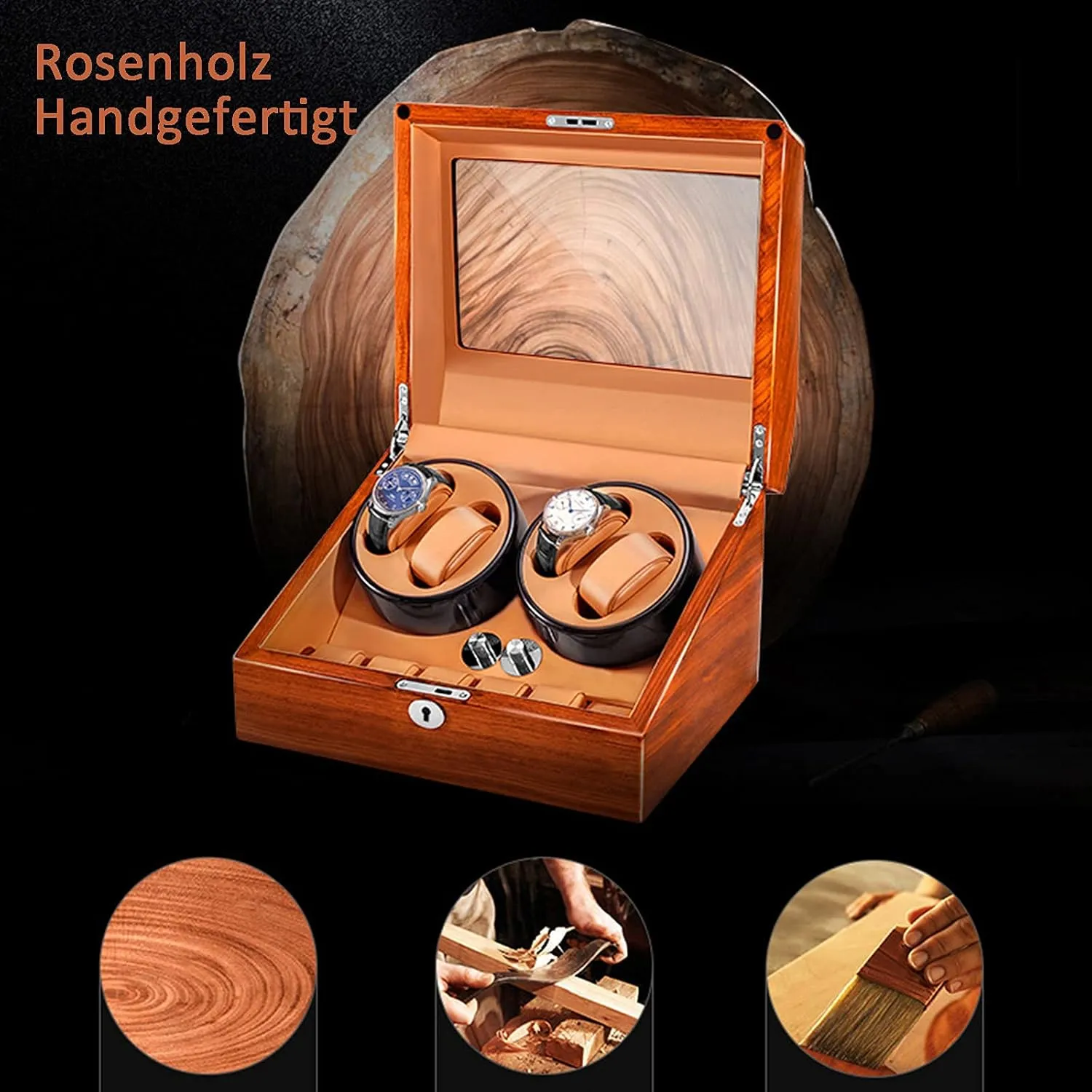 Watch Case 4   6 Watches Rosewood Solid Wood Handcrafted Carefully Polished Beautiful pistachio gripe ethic and Energy-Saving Ultra-Quiet Japanese Motor Anti-Magnetic Watch Box (Rosewood 1) Watch Winder 