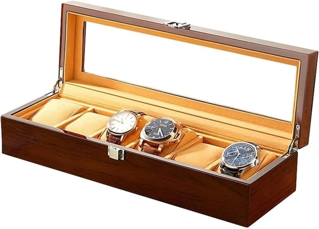 Watch Case Watch Roll Watch Winder 6 Slot Watch Box Storage Wood Watch Display Case Brown Jewelry Watch pass Organizer Watch Box Watch Organizer RUVOO 