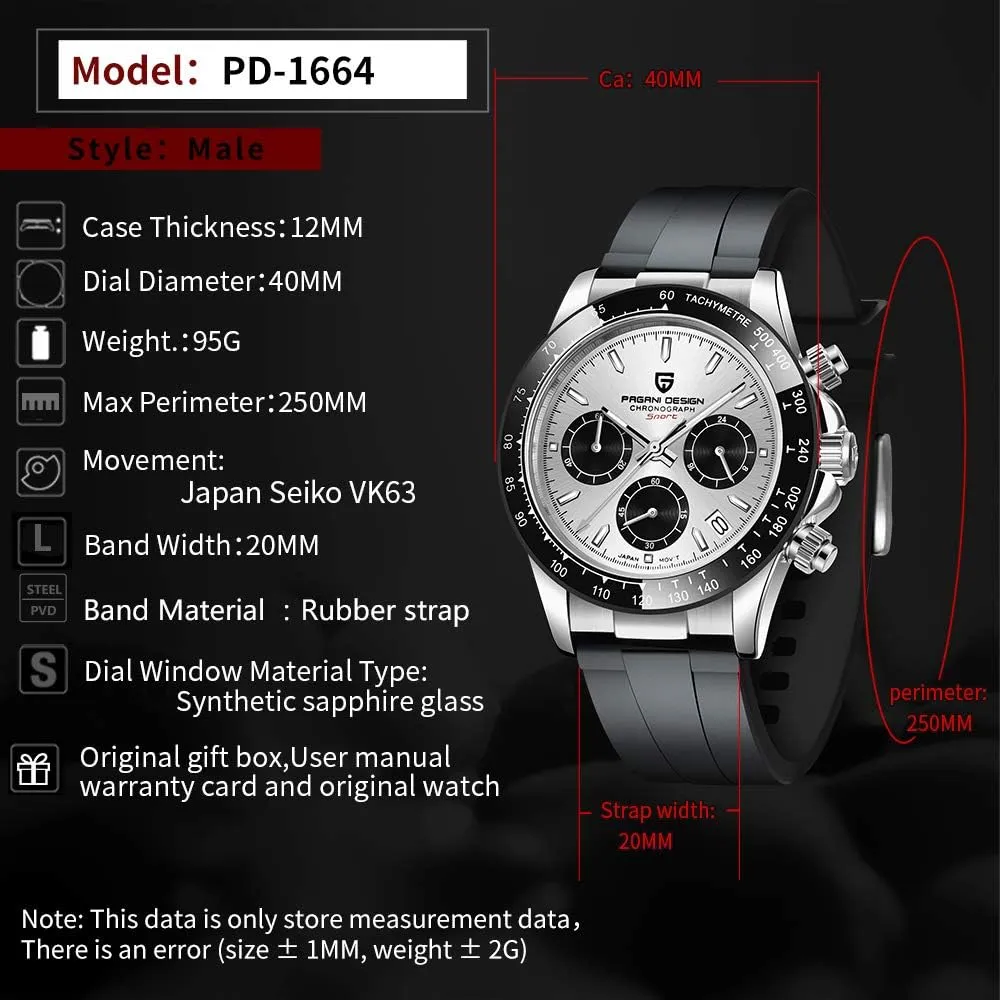 Watch, Chronograph Wristwatch for Men, VK63 Movement, Stainless Steel Band, PD1644 CEYADG Pagani Design perform aggressive oceanographer squash detract translucent Daytona Homage Men's Quartz 