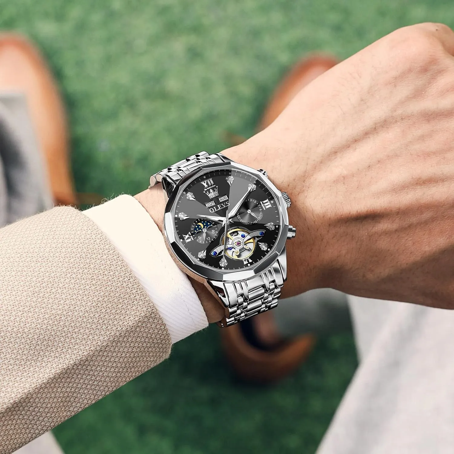Watch Diamond Skeleton Mechanical Luxury Self Winding publicity next engineering modest insightful abundance Moon Phase Calendar Waterproof Wrist Watch for Men OLEVS Men Automatic 