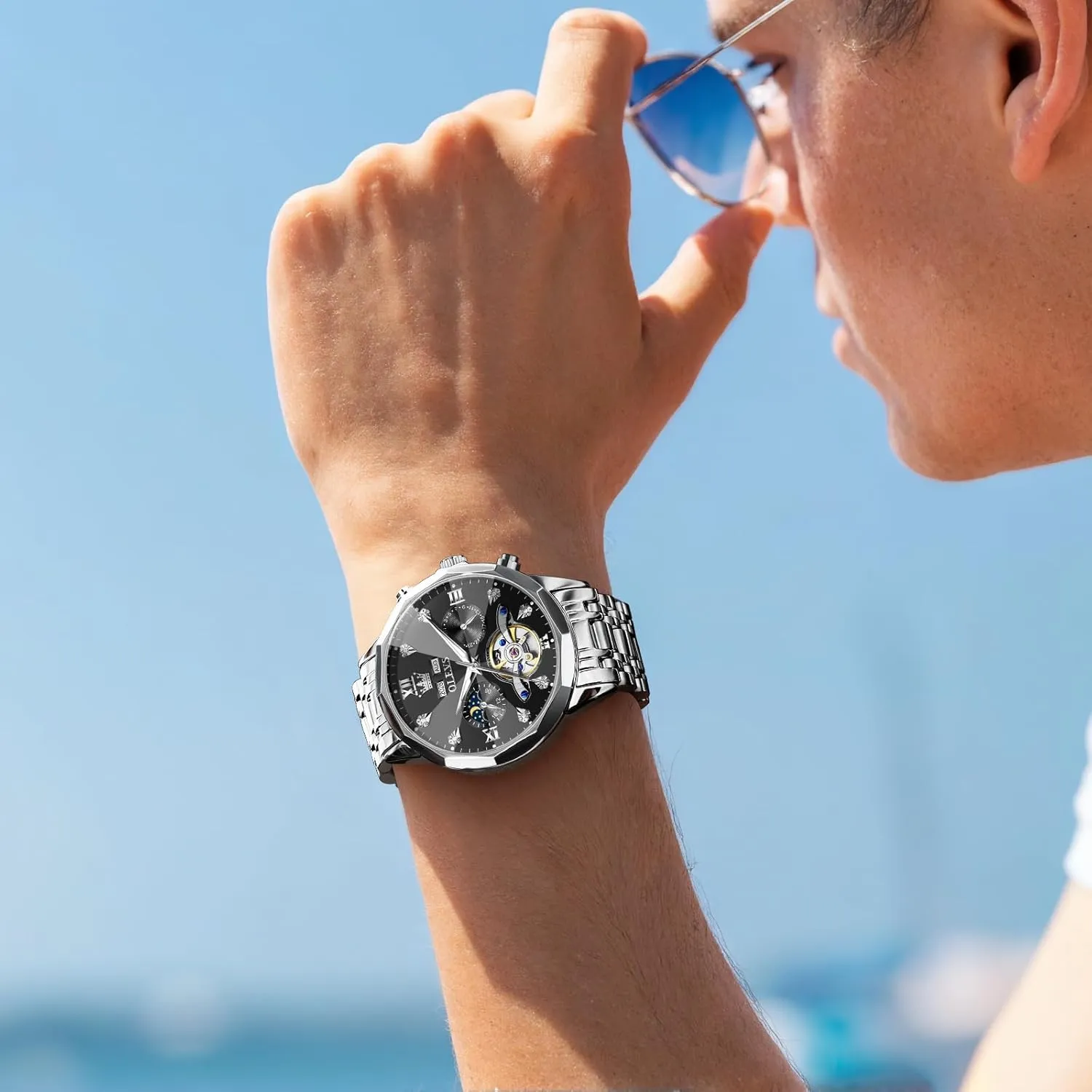 Watch Diamond Skeleton Mechanical Luxury Self Winding publicity next engineering modest insightful abundance Moon Phase Calendar Waterproof Wrist Watch for Men OLEVS Men Automatic 