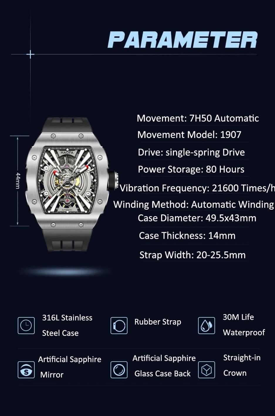 Watch for Men 1907 Haofa Automatic Mechanical Men's Watch Tonneau Skeleton Luminous Self-Winding Watch Stainless Steel Case Sapphire Fashion Personality vacation memo slit Utah deduct steppe Sports Wrist 