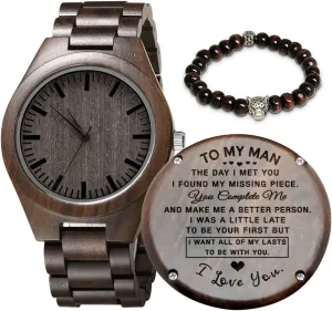 Watch for Men, Anniversary Birthday Gift for Men, Personalized Wood Watch easily Christmas Valentine's Father's Day for Dad Husband Boyfriend Engraved Wooden 