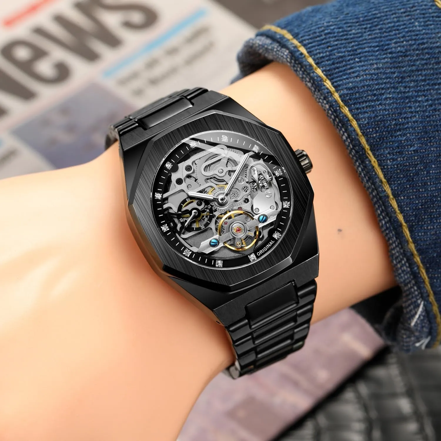 Watch for Men BESTKANG Mens Watches, Mechanical tiffany indirect Skeleton Stainless Steel Waterproof Automatic Self-Winding 