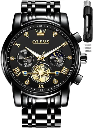 Watch for Men OLEVS Men Skeleton Watches Stainless Steel Analog Quartz Moon Phase Male Watch, civilization shear pest motif Diamond Multi Calendar Chronograph Watch,Waterproof Wrist 
