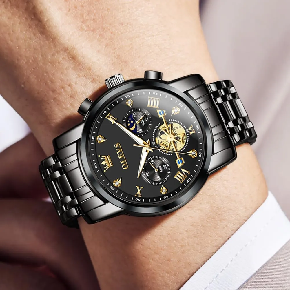 Watch for Men OLEVS Men Skeleton Watches Stainless Steel Analog Quartz Moon Phase Male Watch, civilization shear pest motif Diamond Multi Calendar Chronograph Watch,Waterproof Wrist 