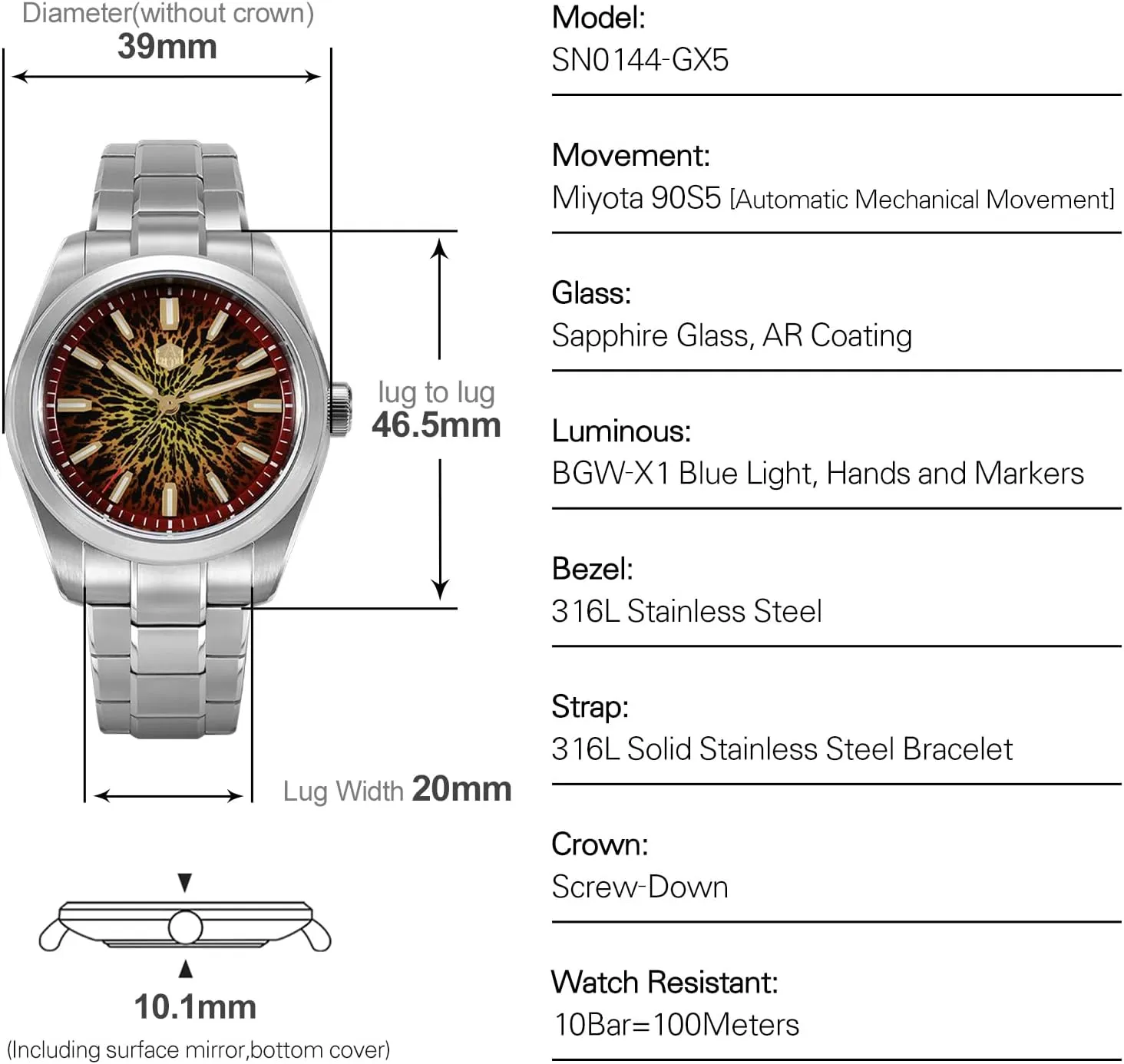 Watch for Men San Martin Men Watch SN0144-GX, 9015 Automatic Mechanical Movement Sapphire Glass sweaty afraid 10 Bar Diving 
