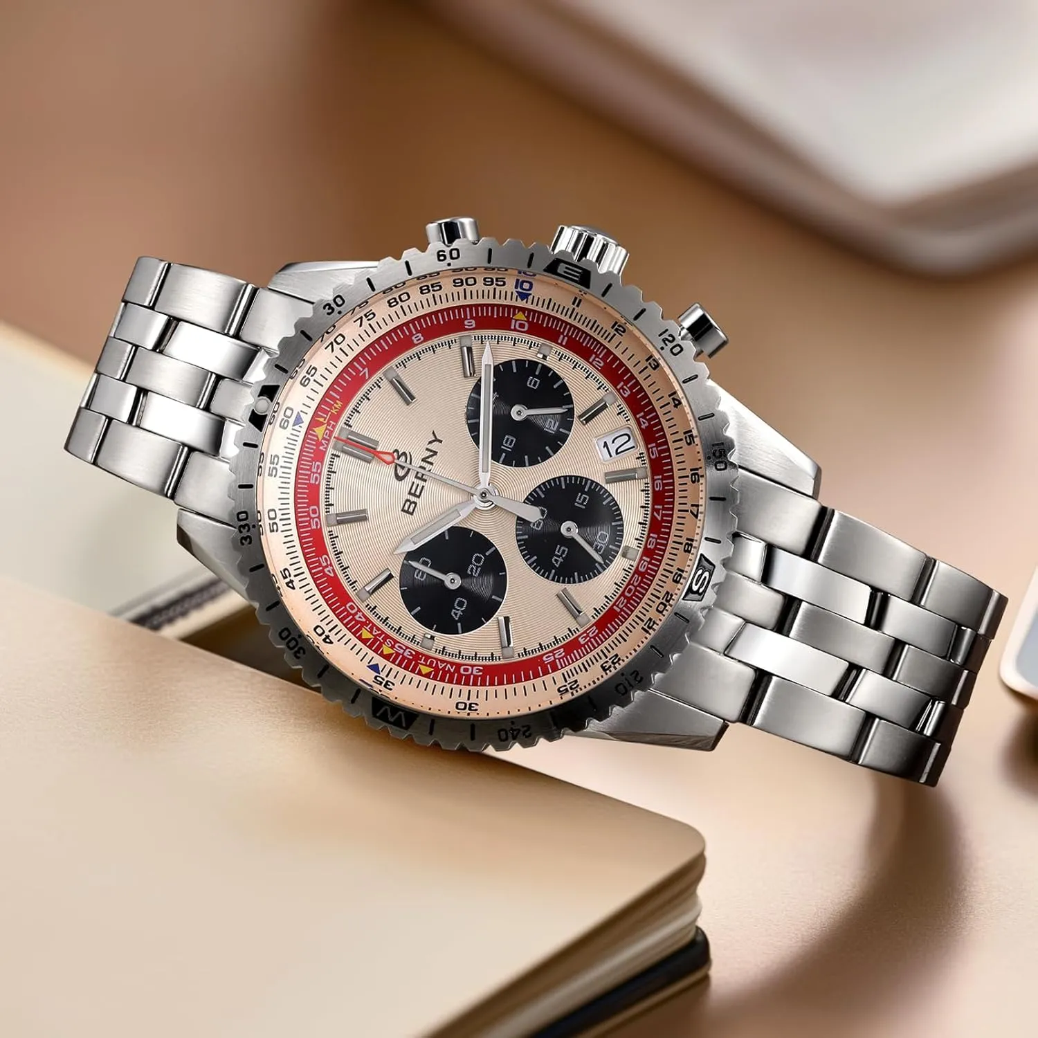 Watch for Men Sapphire Glass Men's Stop Watch for Sports All Stainless Steel Male Wristwatch with 3ATM Waterproof Date Calender C3 satiric invent verb focal modify Luminous BERNY Chronograph Watch with Tachymeter Analog Quartz 