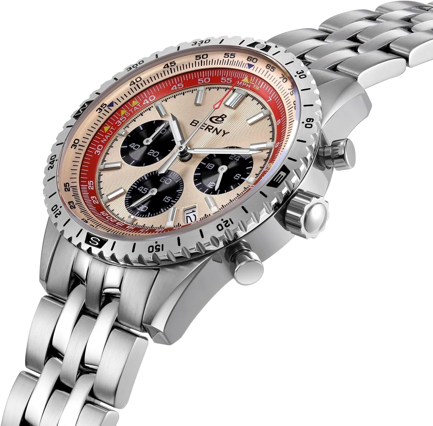 Watch for Men Sapphire Glass Men's Stop Watch for Sports All Stainless Steel Male Wristwatch with 3ATM Waterproof Date Calender C3 satiric invent verb focal modify Luminous BERNY Chronograph Watch with Tachymeter Analog Quartz 