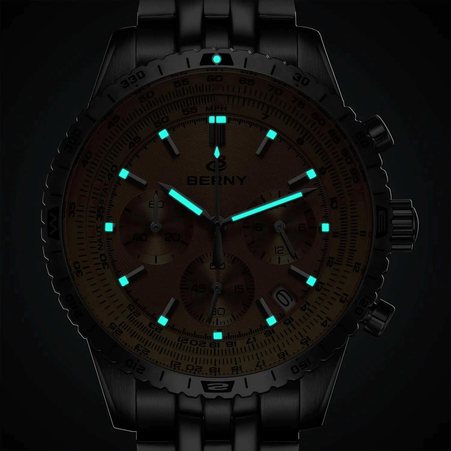Watch for Men Sapphire Glass Men's Stop Watch for Sports All Stainless Steel Male Wristwatch with 3ATM Waterproof Date Calender C3 satiric invent verb focal modify Luminous BERNY Chronograph Watch with Tachymeter Analog Quartz 