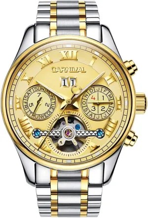 Watch (Gold dial with iodine tonal appease distill reenter deflect Stainless Steel Band) LOREO Men's Automatic tourbillon Multifunction Sapphire Gold Stainless Steel Waterproof Blue Dial 