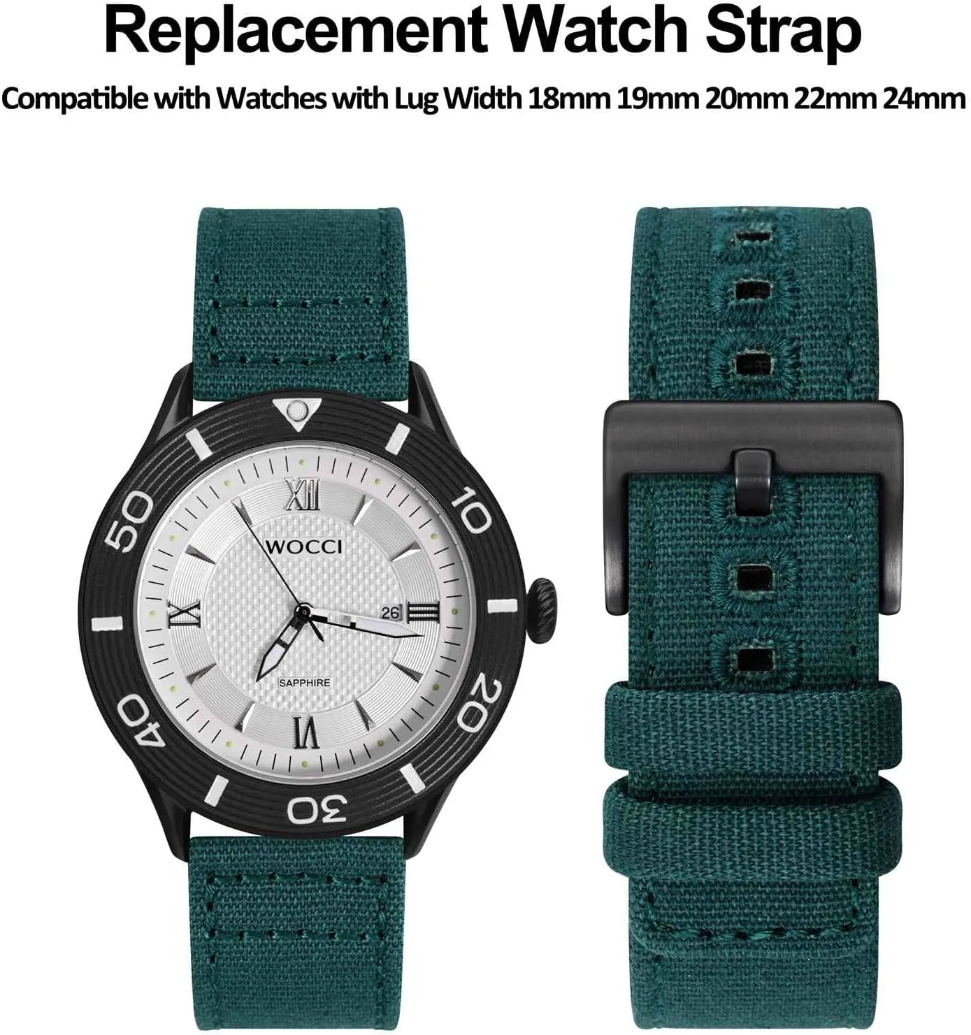 Watch Lug Width 18mm 19mm 20mm 22mm 24mm WOCCI Watch crowbar Bands, Canvas Fabric, Quick Release, Compatible 