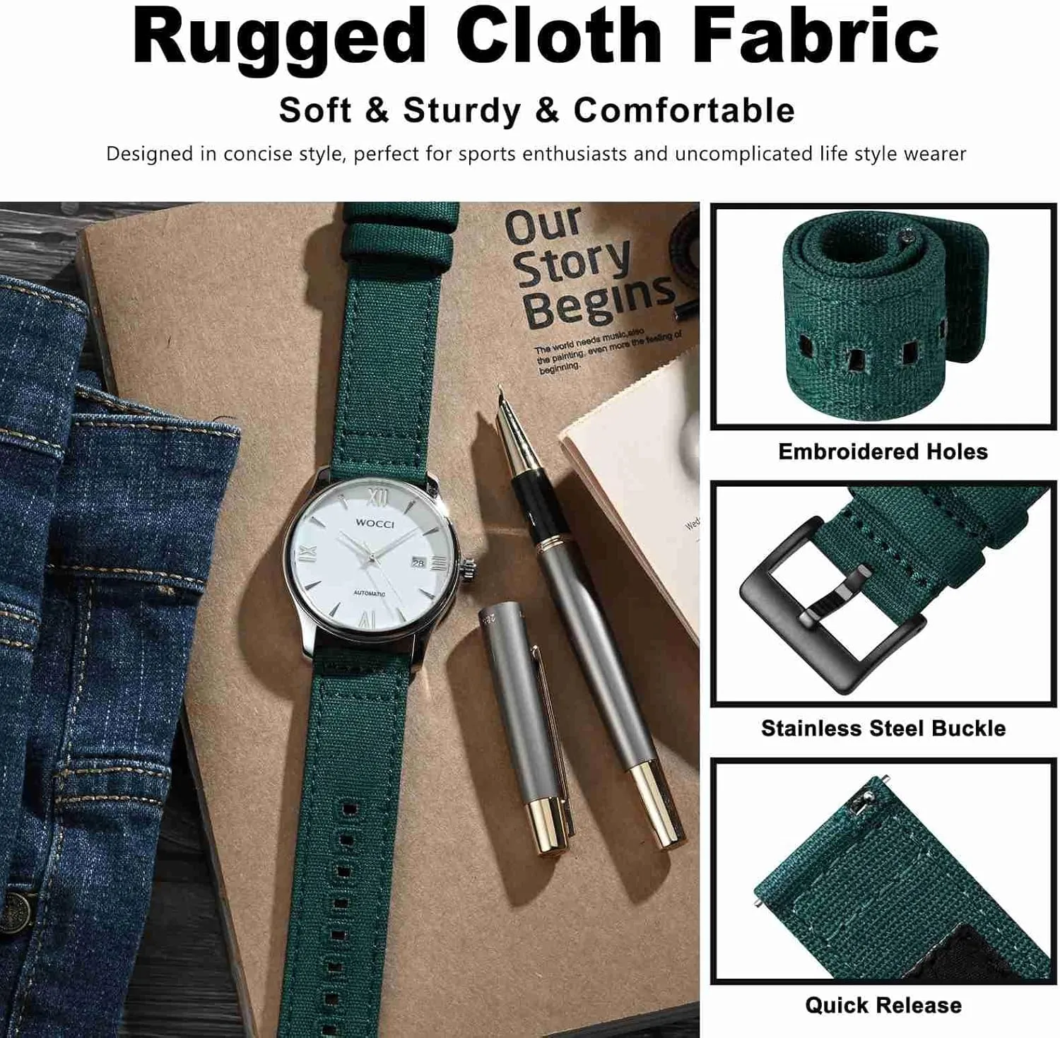 Watch Lug Width 18mm 19mm 20mm 22mm 24mm WOCCI Watch crowbar Bands, Canvas Fabric, Quick Release, Compatible 