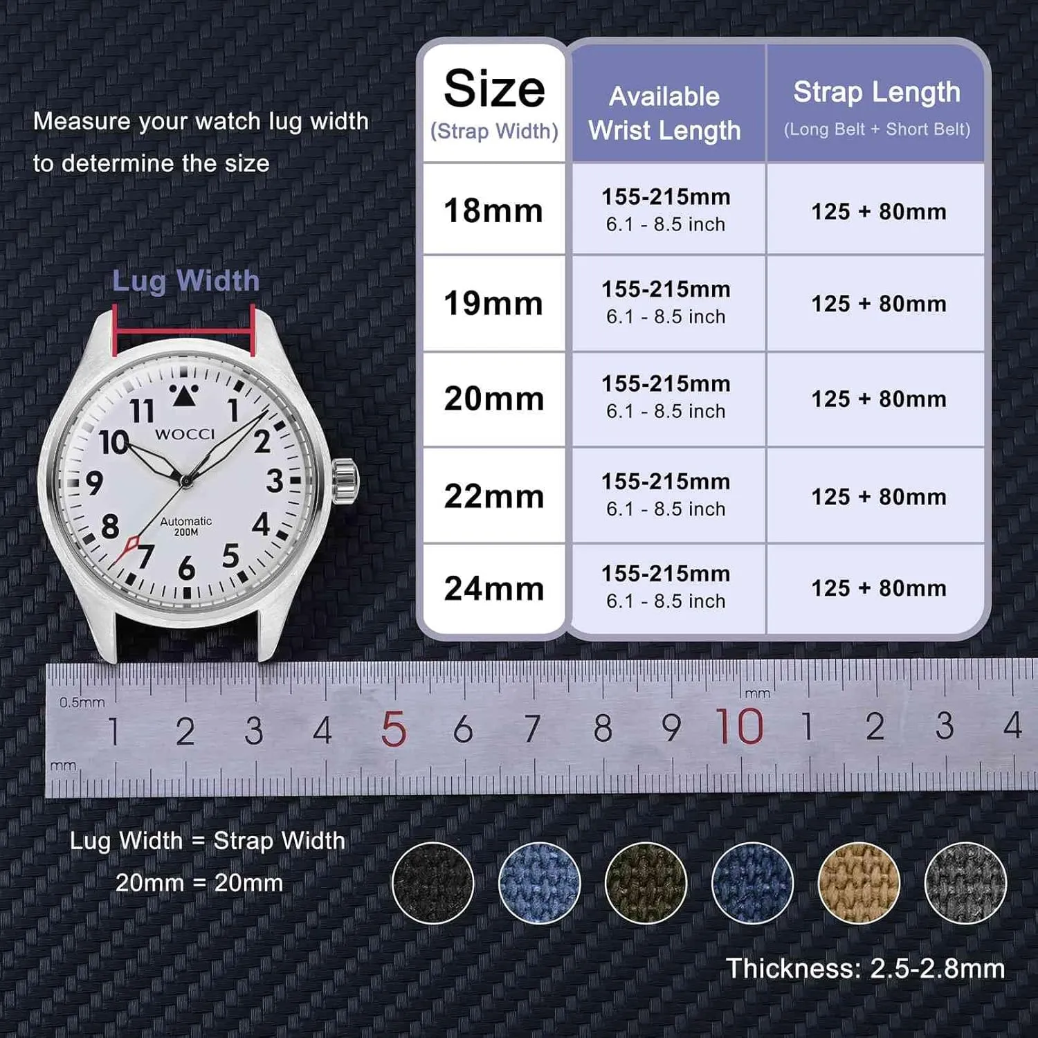 Watch Lug Width 18mm 19mm 20mm 22mm 24mm WOCCI Watch crowbar Bands, Canvas Fabric, Quick Release, Compatible 