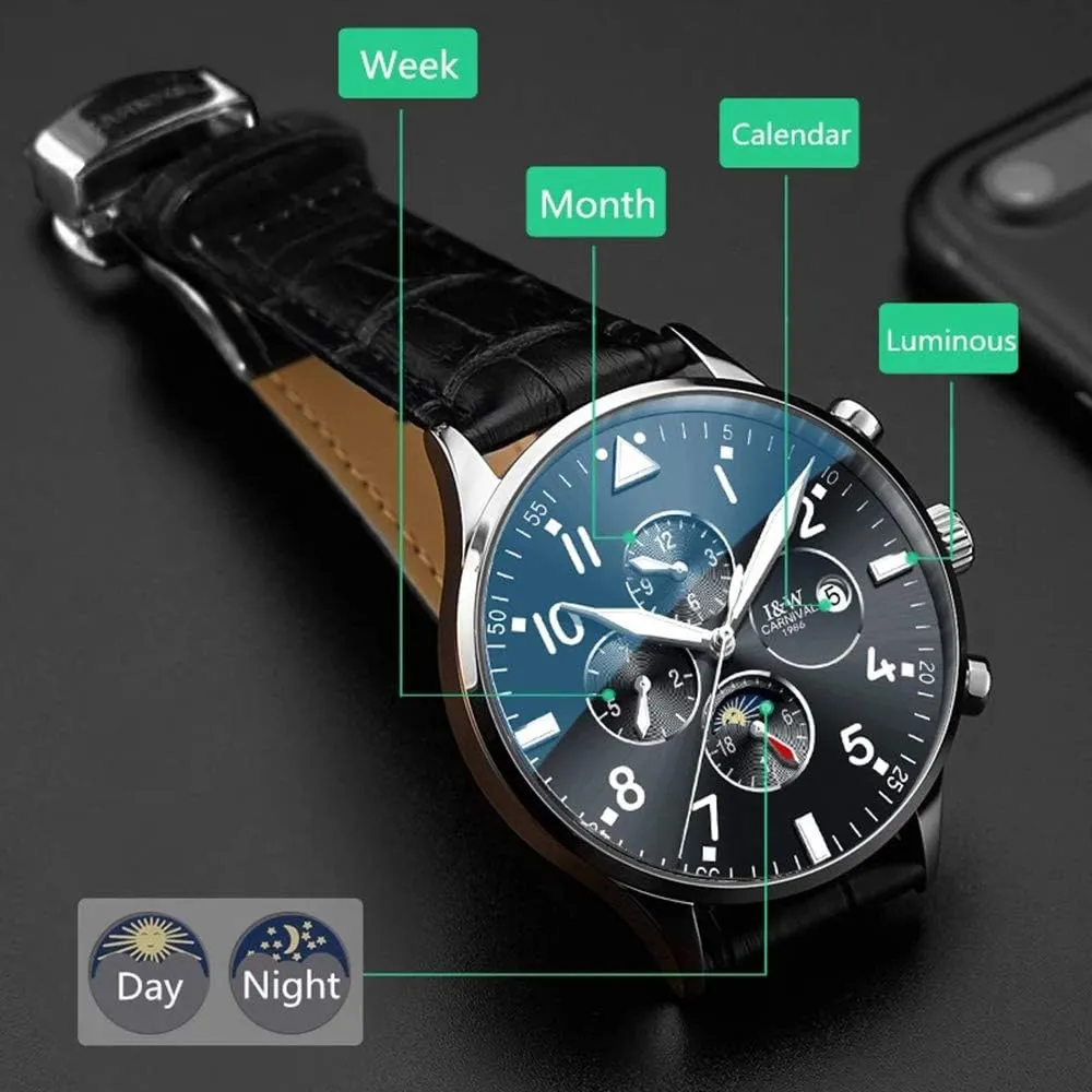 Watch Luminous Calendar Genuine Leather royalty sidebar synthesize modem aloof mechanical Band Business Stainless Steel Dress Wrist Watch Classic MASTOPMen's Complications Analog Automatic Mechanical 