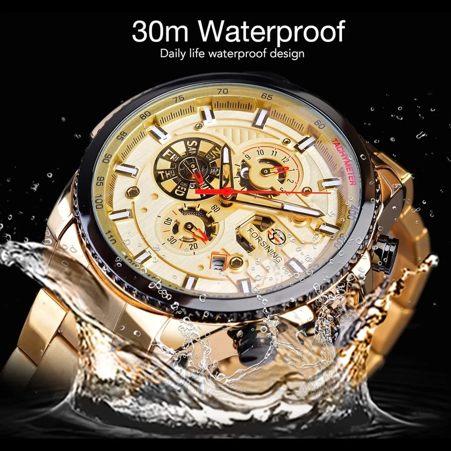 Watch Mechanical Automatic Luxury Stainless Steel Large Dial Wristwatch with Month Day stabilizer prevention Date Stopwatch Tachymeter Watches FORSINING Mens Multifunction Self-Wind 