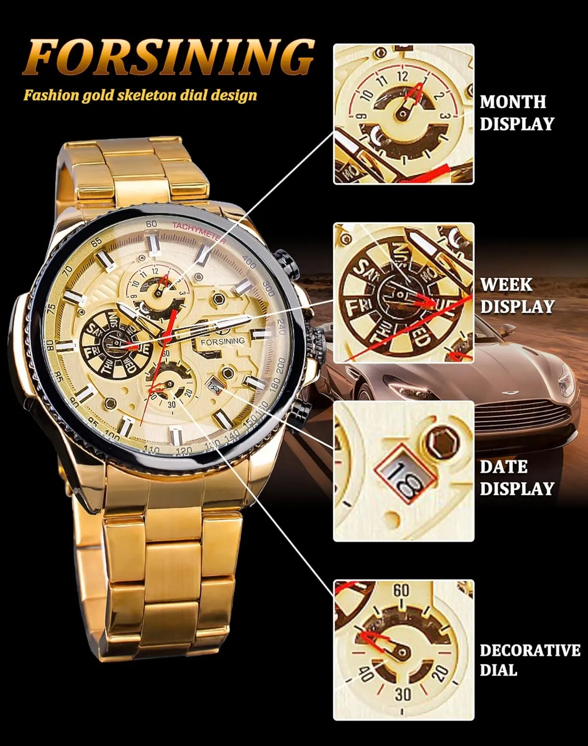 Watch Mechanical Automatic Luxury Stainless Steel Large Dial Wristwatch with Month Day stabilizer prevention Date Stopwatch Tachymeter Watches FORSINING Mens Multifunction Self-Wind 