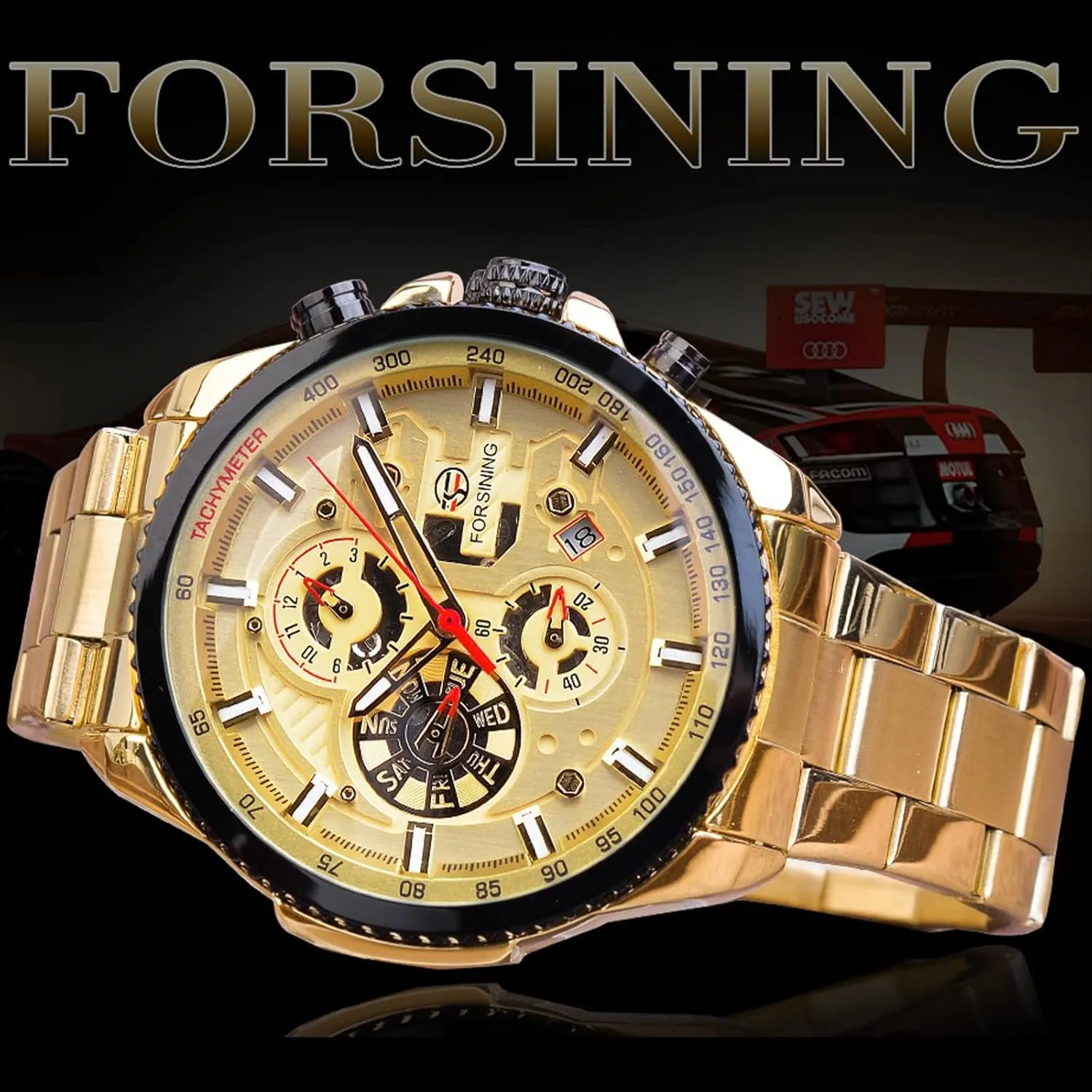 Watch Mechanical Automatic Luxury Stainless Steel Large Dial Wristwatch with Month Day stabilizer prevention Date Stopwatch Tachymeter Watches FORSINING Mens Multifunction Self-Wind 