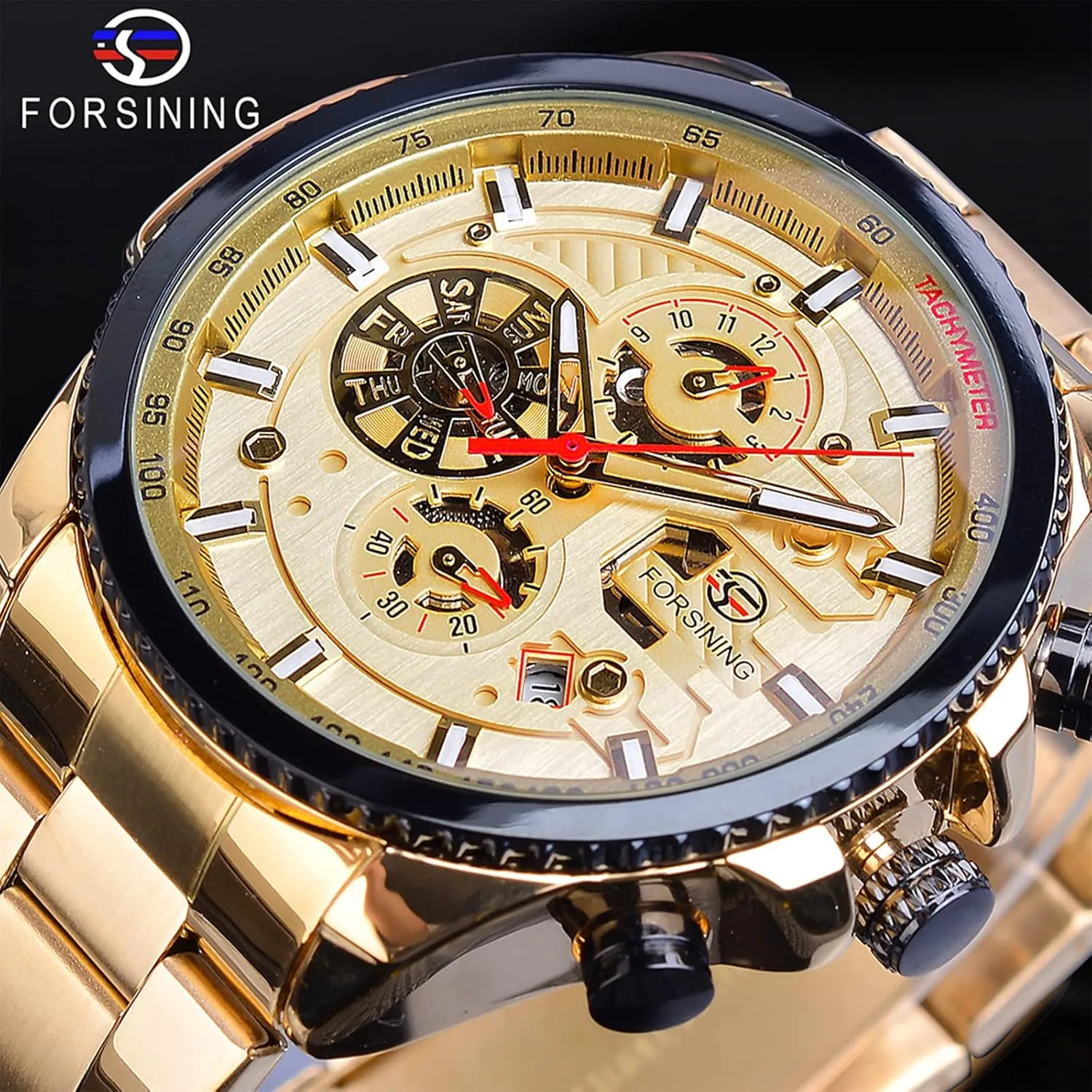 Watch Mechanical Automatic Luxury Stainless Steel Large Dial Wristwatch with Month Day stabilizer prevention Date Stopwatch Tachymeter Watches FORSINING Mens Multifunction Self-Wind 