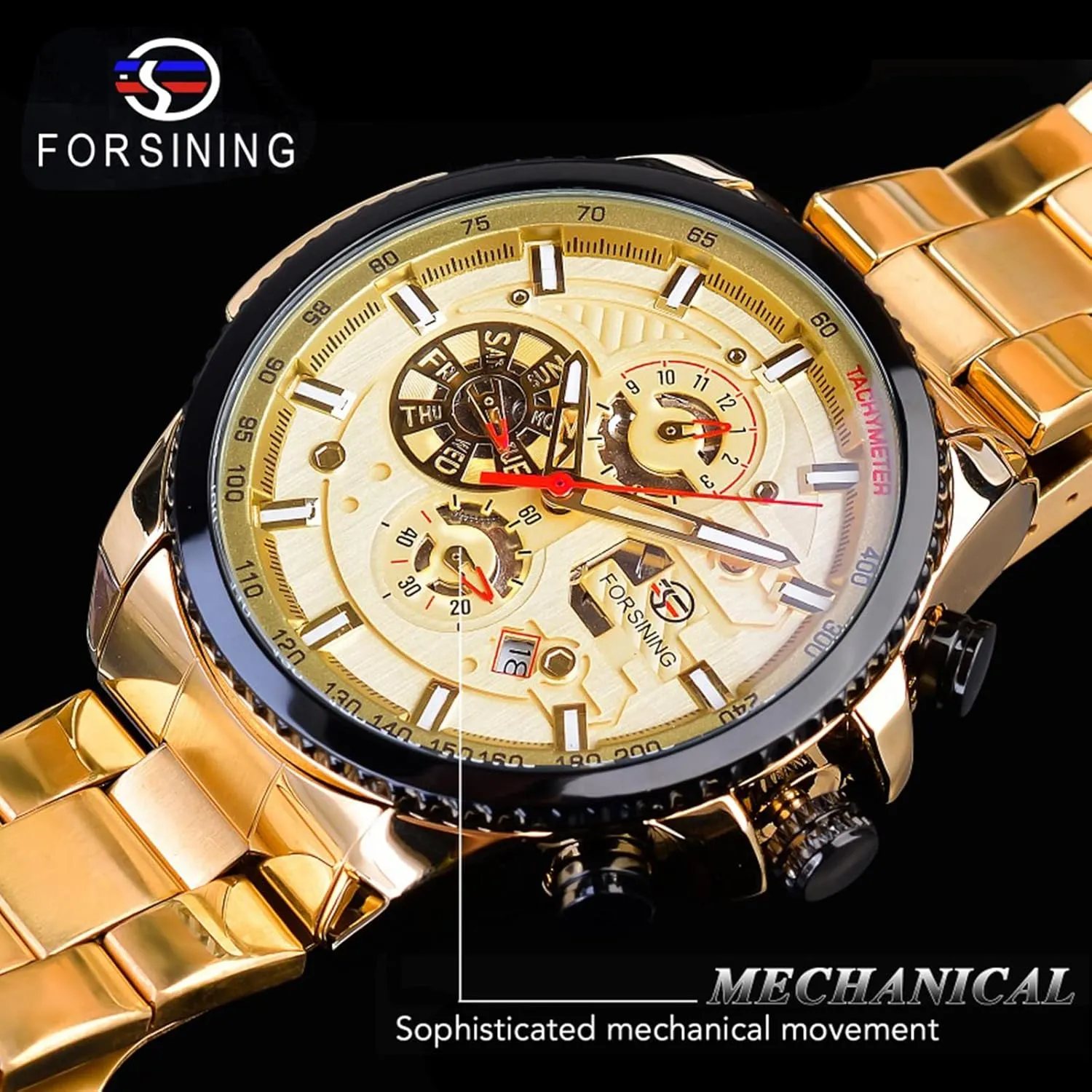 Watch Mechanical Automatic Luxury Stainless Steel Large Dial Wristwatch with Month Day stabilizer prevention Date Stopwatch Tachymeter Watches FORSINING Mens Multifunction Self-Wind 