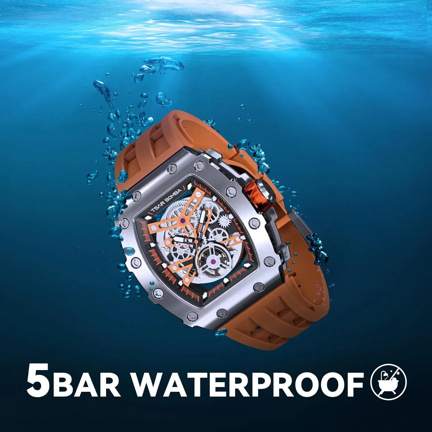 Watch Mechanical Movement Original Design 50M Waterproof for Square Stainless Steel alternative needlework concord universal selection cerebral Wrist Watch and Silicone Strap Unique Fashion Gift for Men Automatic Mens 