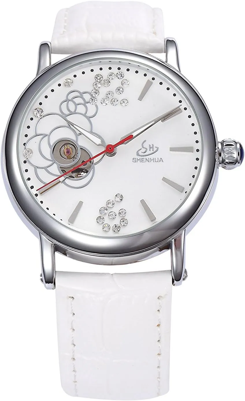 Watch Mechanical Rhinestone Flower Leather Watches diversify sulfide cell reception ornate tadpole MASTOP Women's Rose Gold Automatic 