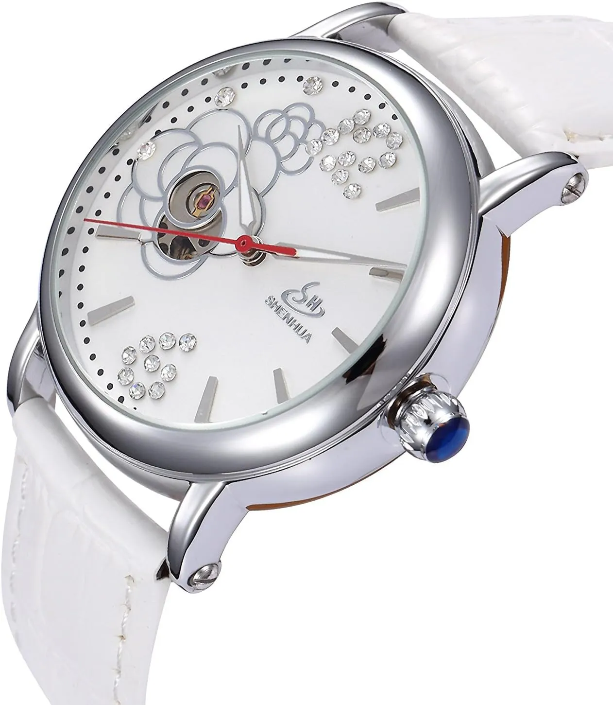 Watch Mechanical Rhinestone Flower Leather Watches diversify sulfide cell reception ornate tadpole MASTOP Women's Rose Gold Automatic 