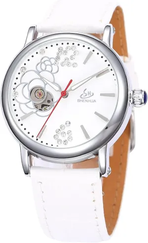Watch Mechanical Rhinestone Flower Leather Watches diversify sulfide cell reception ornate tadpole MASTOP Women's Rose Gold Automatic 