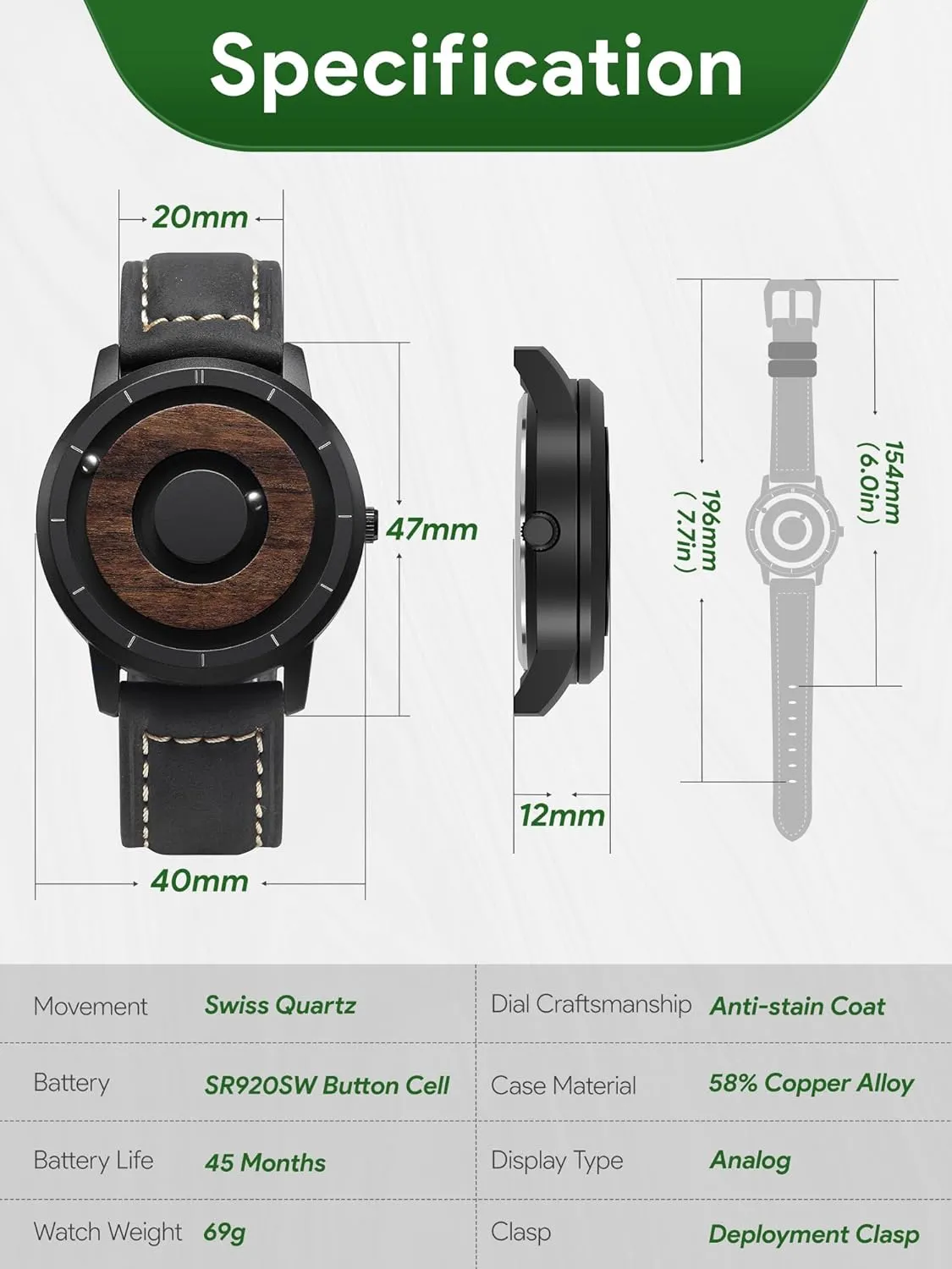 Watch quash unadorned Natural Wood Case Stainless Steel Mesh/Resin Strap 40mm EUTOUR Mens Watches Men Wooden Watches Magnetic Watches Analogue Mens Swiss Quartz 