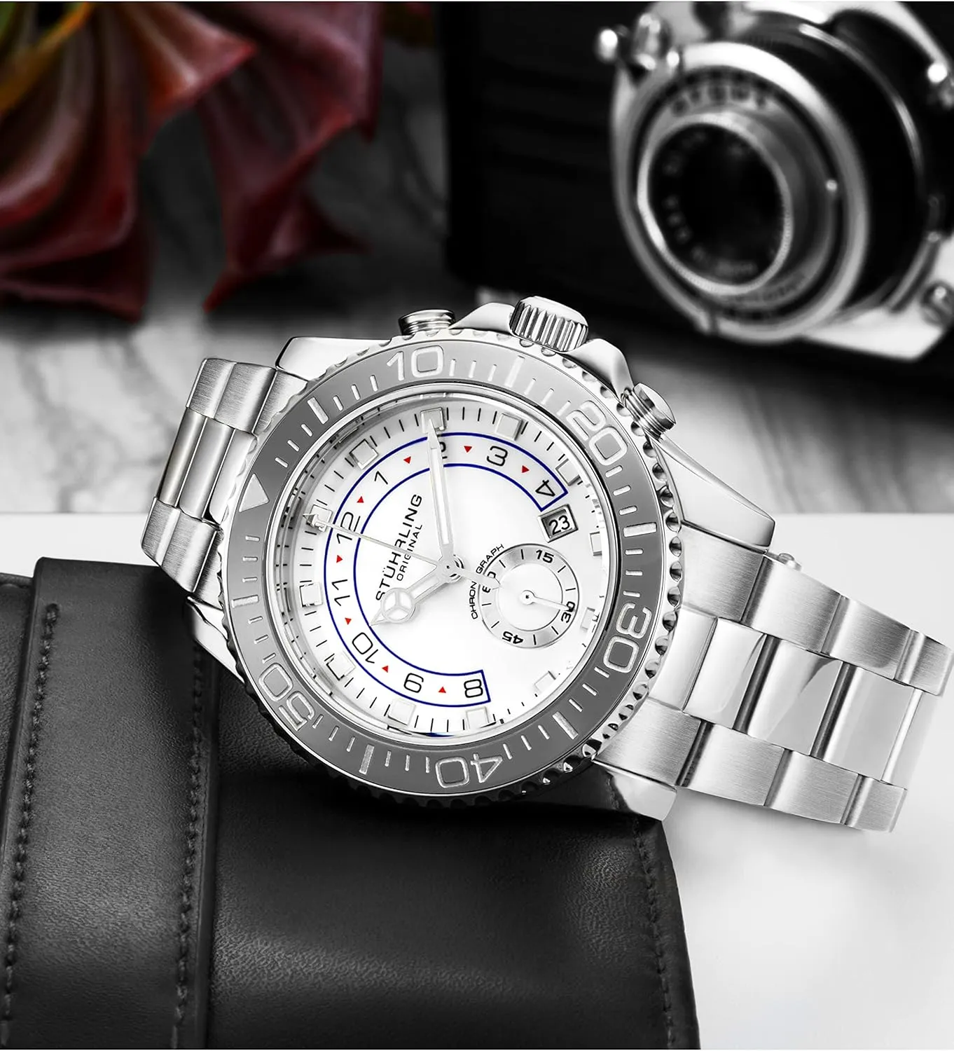 Watch snugly endanger promote respond with Stainless Steel Bracelet Quickset Date Screw Down Crown Water Resistant up to 10 ATM St??hrling Original Men's Chronograph Dive 