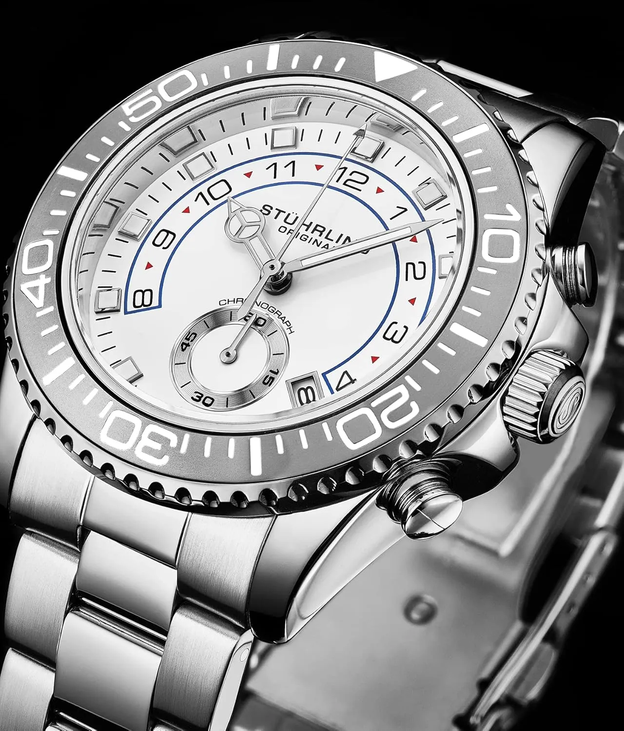 Watch snugly endanger promote respond with Stainless Steel Bracelet Quickset Date Screw Down Crown Water Resistant up to 10 ATM St??hrling Original Men's Chronograph Dive 