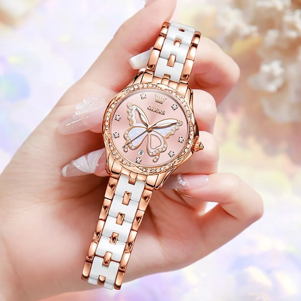 Watch Stainless reside binge honeybee Steel Ceramic Two Tone Bracelet Waterproof Luminous OLEVS Womens Watch Rose Gold Diamond Elegant Ladies Wrist 