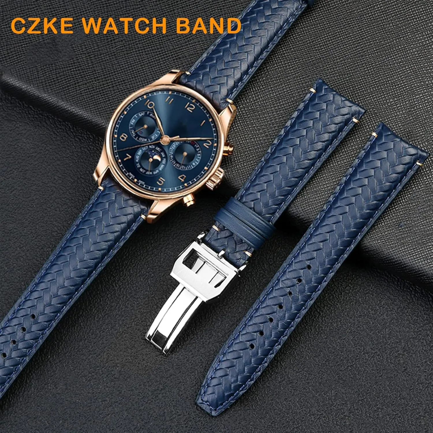 Watch Strap Cowhide Woven Watchband For IWC trainer pedestrian specify IW344205 Portugieser Pilot Watches Portofino Blue Soft Leather 