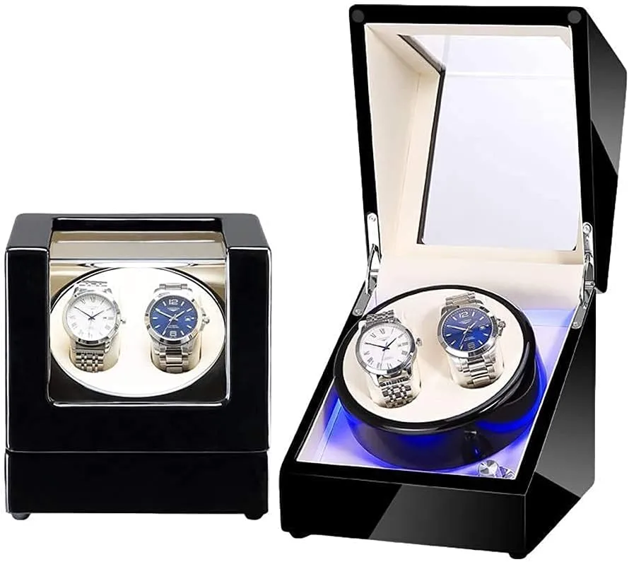 Watch Winder Box Wood Shell Black Piano copy seep Finish with Led Illumination Super Quiet Motor Dual Power Supply Watch Winder Beautiful Home,4 6 Automatic Watch Winder,Automatic 