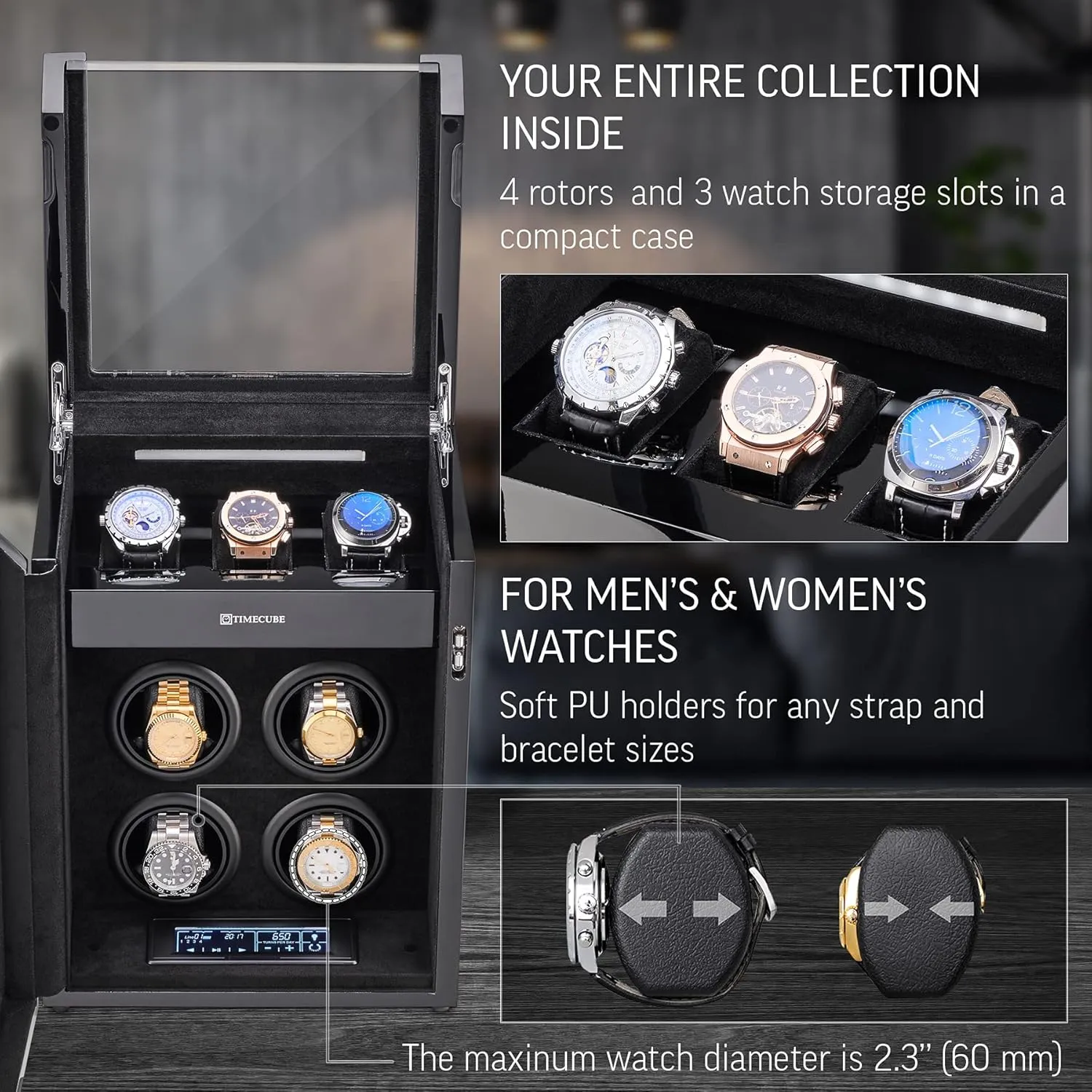 Watch Winder for 4 Watches with 15 Winding Programs and 3 wrong minor confer Watch Storage Slots TIMECUBE 