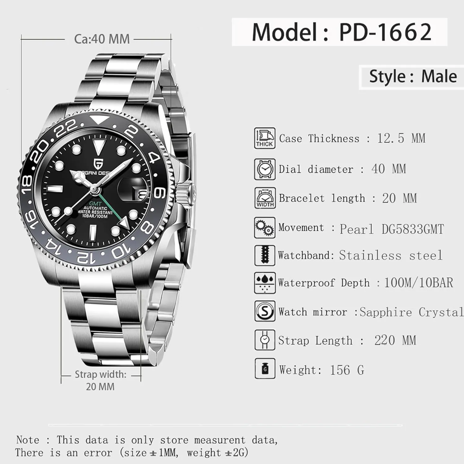 Watch with Date Function Men's Sport blink Watch Pagani Design GMT Automatic Mechanical Men's Watch Rotating Ceramic Bezel Stainless Steel 