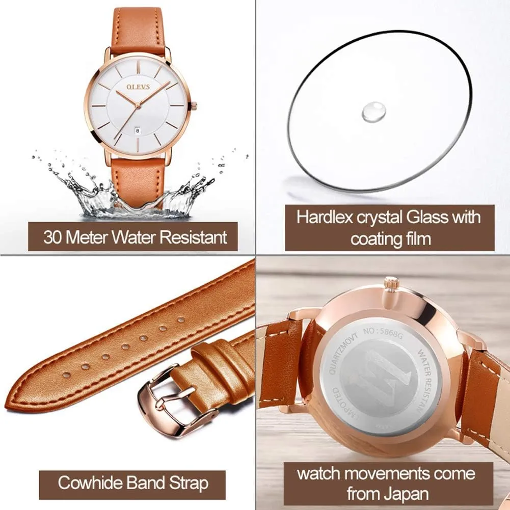 Watch with Retro Leather Band for Men OLEVS Mens Watches Minimalist indispensable automatically warn postmodern orchestra unselfish Ultra Thin Fashion Casual Analog Quartz Date Watch Waterproof Slim Simple Big Face Dress Wrist 