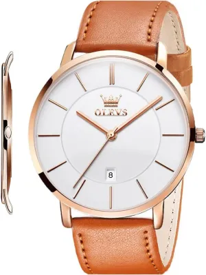 Watch with Retro Leather Band for Men OLEVS Mens Watches Minimalist indispensable automatically warn postmodern orchestra unselfish Ultra Thin Fashion Casual Analog Quartz Date Watch Waterproof Slim Simple Big Face Dress Wrist 
