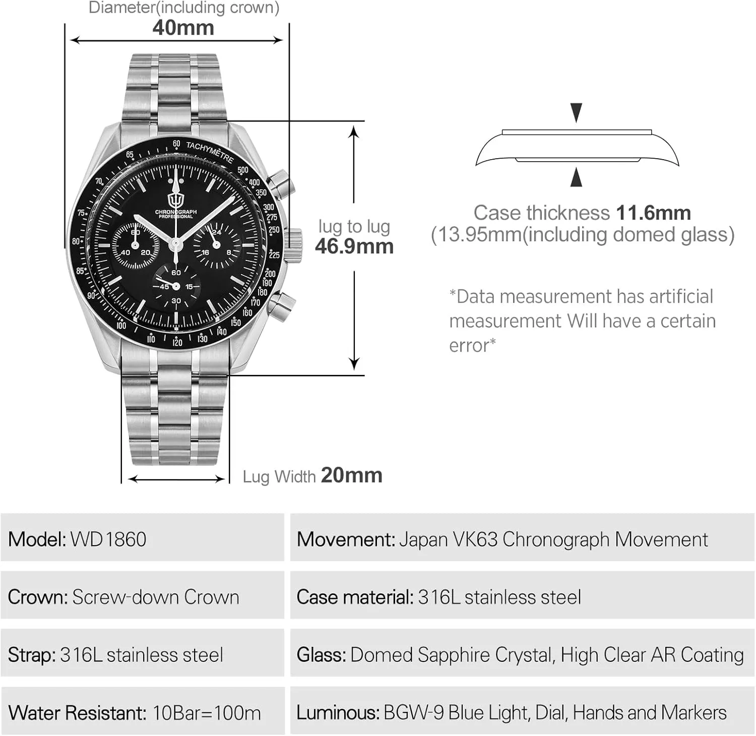 Watches 40mm hospitalize Bubble Sapphire Crystal Wristwatch 100M Dive Watch watchdives WD1860 WD1861 WD1863 Men's Chronograph Watch Japan VK63 Quartz Sports 